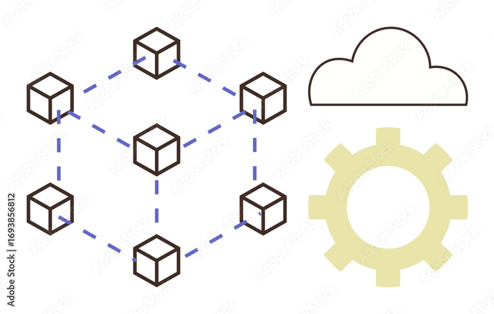 Poster interconnected blocks network with dashed lines, cloud, and gear components. ideal for blockchain, t