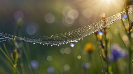 Dew-covered spider web glistens in morning sunlight, surrounded by colorful wildflowers in a meadow