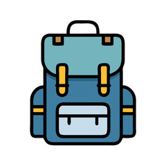 Cartoon style illustration of a blue camping backpack with gold accents on a black background