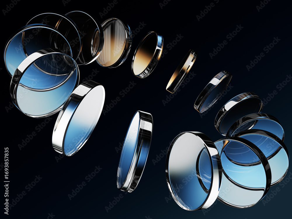 Poster neon glass round discs with brown blue gradient on dark 3d background. circular motion effect of cry