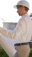 Construction site manager, wearing helmets and safety glasses, is holding blueprints and inspecting...