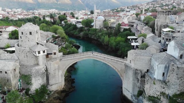Aerial view of Mostar bridge