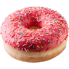 pink sprinkled donut isolated on transparent background with sweet icing glaze and colorful toppings, delicious bakery dessert food concept for snack, pastry, confectionery, breakfast and cafe design