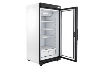Commercial refrigerator with open door showing empty shelves on transparent background