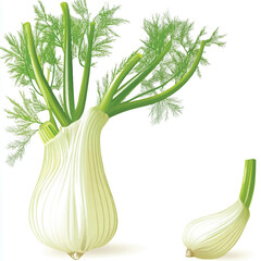 Botanical illustration of a fresh fennel bulb with fronds.