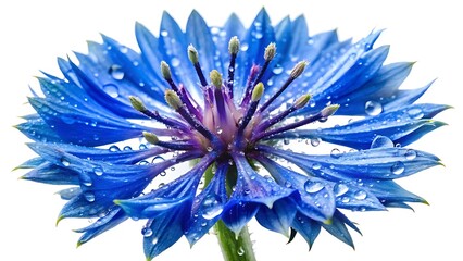 Obraz premium Closeup of a beautiful blue cornflower with water drops isolated on white background