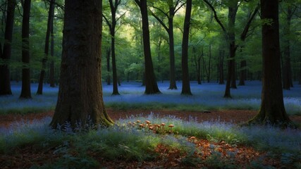 Obraz premium Enchanted forest scene with vibrant bluebells and golden mushrooms under tall trees, serene atmosphere