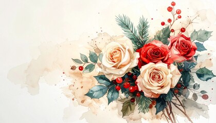 Design material, watercolor style, Christmas bouquet of red roses