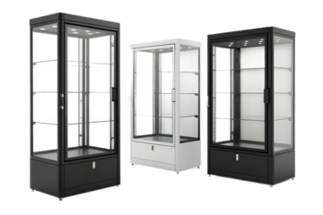 Three display cabinets in black and white colors on transparent background