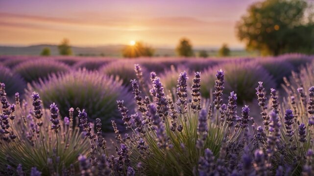 Serene lavender field at sunset, showcasing vibrant purple flowers and a tranquil landscape - Powered by Adobe