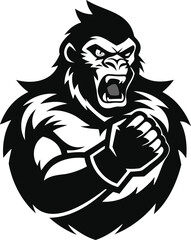 Fototapeta premium Black Silhouette of a gorilla beating its chest, bold logo style.
