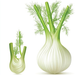 Close up of fresh fennel bulb with green leaves.