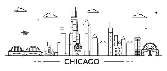 Fototapeta premium Chicago Line Art skyline. Travel Chicago famous landmarks. Business and tourism concept for presentation, banner, web site. with white background