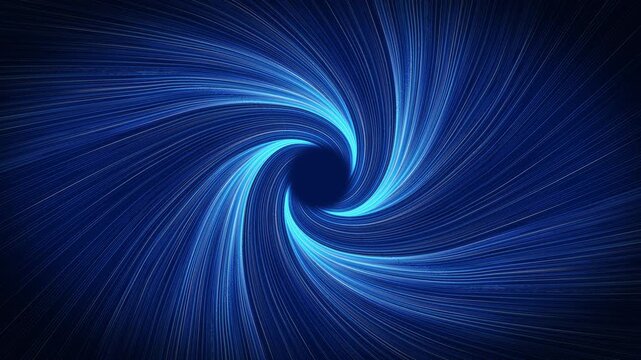 Abstract glowing blue light trails swirling into a vortex on a dark background. Futuristic tunnel animation symbolizing data flow, energy, AI, and technology. Loop video includes luma matte