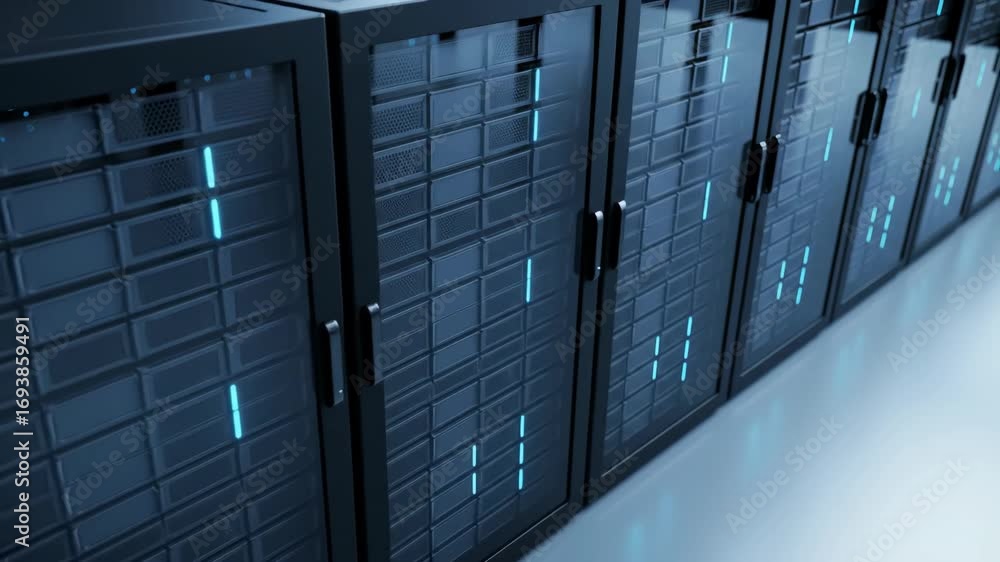 Aufkleber server racks in datacenter for cloud computing, technology and data storage, network infrastructure.
