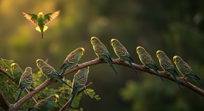 Stunning Budgie Flock on Branch at Sunset Golden Hour