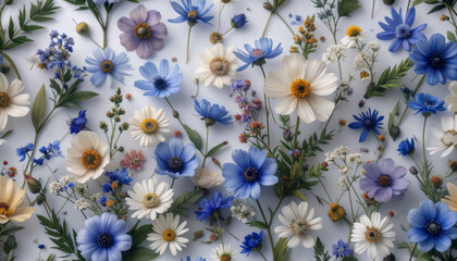 Design material, background material scattered with white and blue flowers
