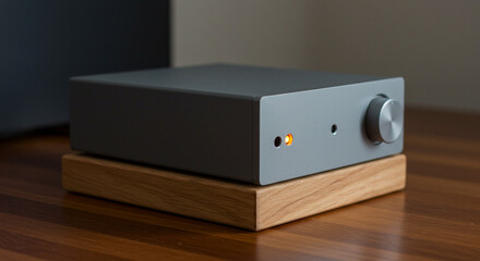 Obraz premium Sleek modern audio amplifier with glowing indicator light on wooden stand, perfect for home theater setups.