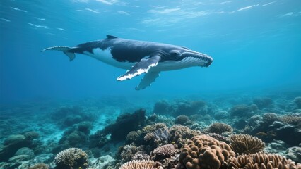 Fototapeta premium Majestic whale gliding through vibrant coral reef underwater.