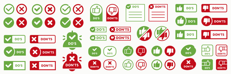Set of do and don't icon isolated on white background. Thumb up and thumb down button collection. Choice concept design template. Tick and cross, like or dislike symbols. Vector illustration
