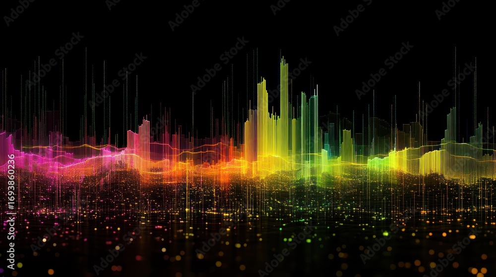 Poster abstract colorful city skyline. digital art. visual data representation. possible use in background 