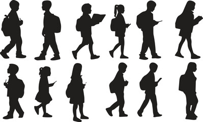 Student silhouette walking, school backpack, educational routine, diverse youth, mobile usage, academic life, side profile, teen lifestyle, learning, commute