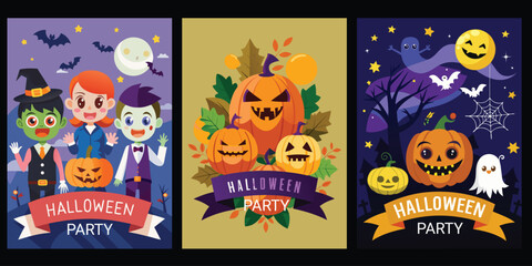 Three Halloween Party Banners with Cartoon Characters and Pumpkins
