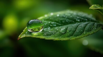 Macro shot of a water droplet on a green leaf, other droplets scattered. Ideal for nature, environment, or health themed designs and advertising.