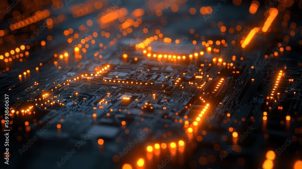 Poster abstract circuit board, glowing lines, technology, futuristic. possible use background for tech pres