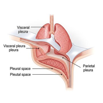 Detailed diagram of human lungs showing visceral and parietal pleura and pleural space