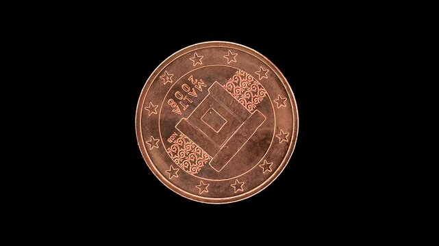 Malta 5 euro cent rotates to show obverse megalithic temple design on black background