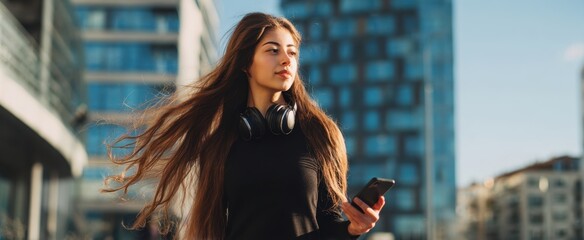 The young woman with headphones walking confidently through a modern urban cityscape