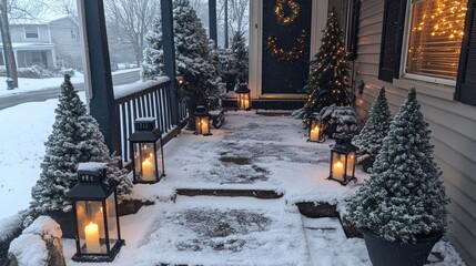 Snowy porch Christmas decor, glowing lanterns, winter evening