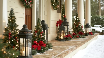 Christmas porch decorations, snow, lanterns, trees