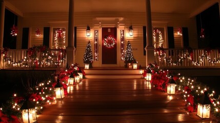 Decorated porch at night, holiday lights, warm glow