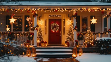 Cozy Christmas Porch Decorated at Night