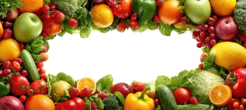 Colorful fruit and vegetable border on white background