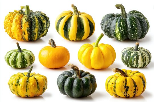 Assorted small pumpkins in various colors and patterns against white - Powered by Adobe