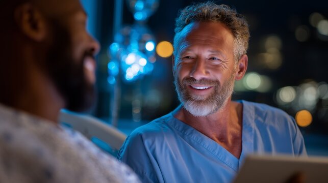 Doctor interacts with patient during night shift in a hospital room