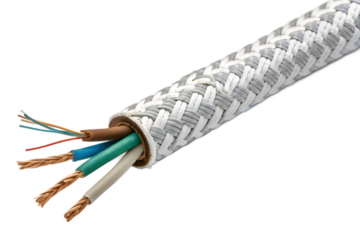 Braided cable with exposed wires on a black backdrop on transparent background