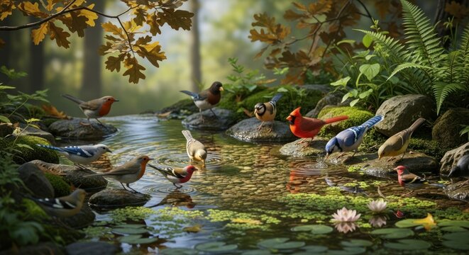Vibrant Forest Stream with Diverse Birds and Lush Greenery.