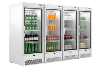 Commercial refrigerators displaying various beverages on transparent background