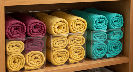 Organize your home with neatly rolled colorful towels in clear storage bins on wooden shelves