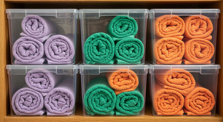 Neatly rolled colorful towels organized in clear storage bins on wooden shelves for easy access
