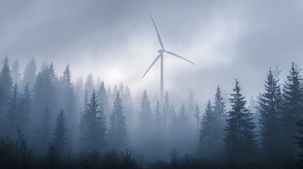 wind turbines farm in the fog