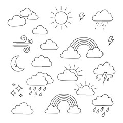Hand-drawn Weather and Sky Illustrations Set Including Sun, Clouds, Rainbows, Rain and Lightning
