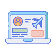 Travel booking website displayed on a laptop screen in a simple cartoon style