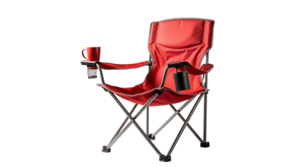 Relaxing red camping chair with cup holder, perfect for outdoor adventures and leisure time.