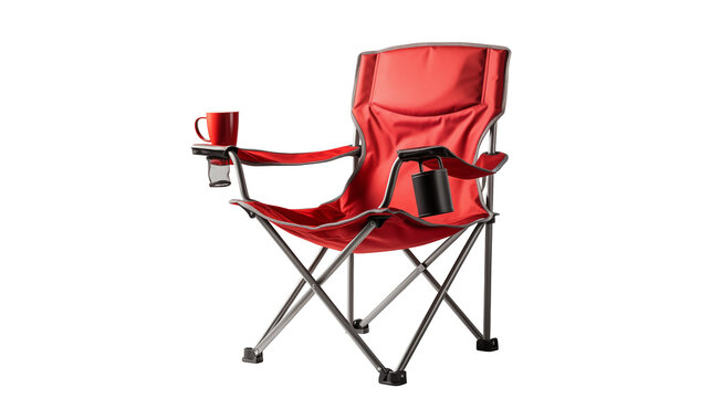 Relaxing red camping chair with cup holder, perfect for outdoor adventures and leisure time.