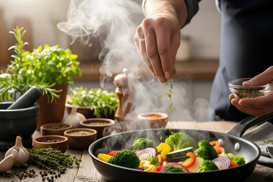 Chef's hands seasoning vibrant, fresh vegetables in a steaming pan. A cinematic food preparation moment captured for culinary and wellness campaigns.